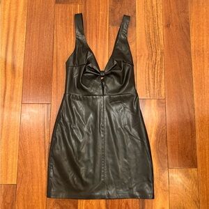 White Fox Faux Leather Mini Dress Black Bow Front NWT XS
